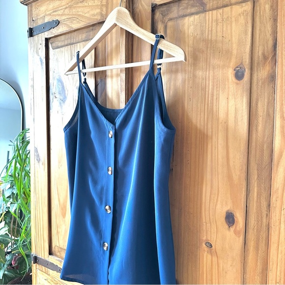A-Line Navy Blue Button-Down Sleeveless Blouse Thin Straps Tank Top - Picture 5 of 11